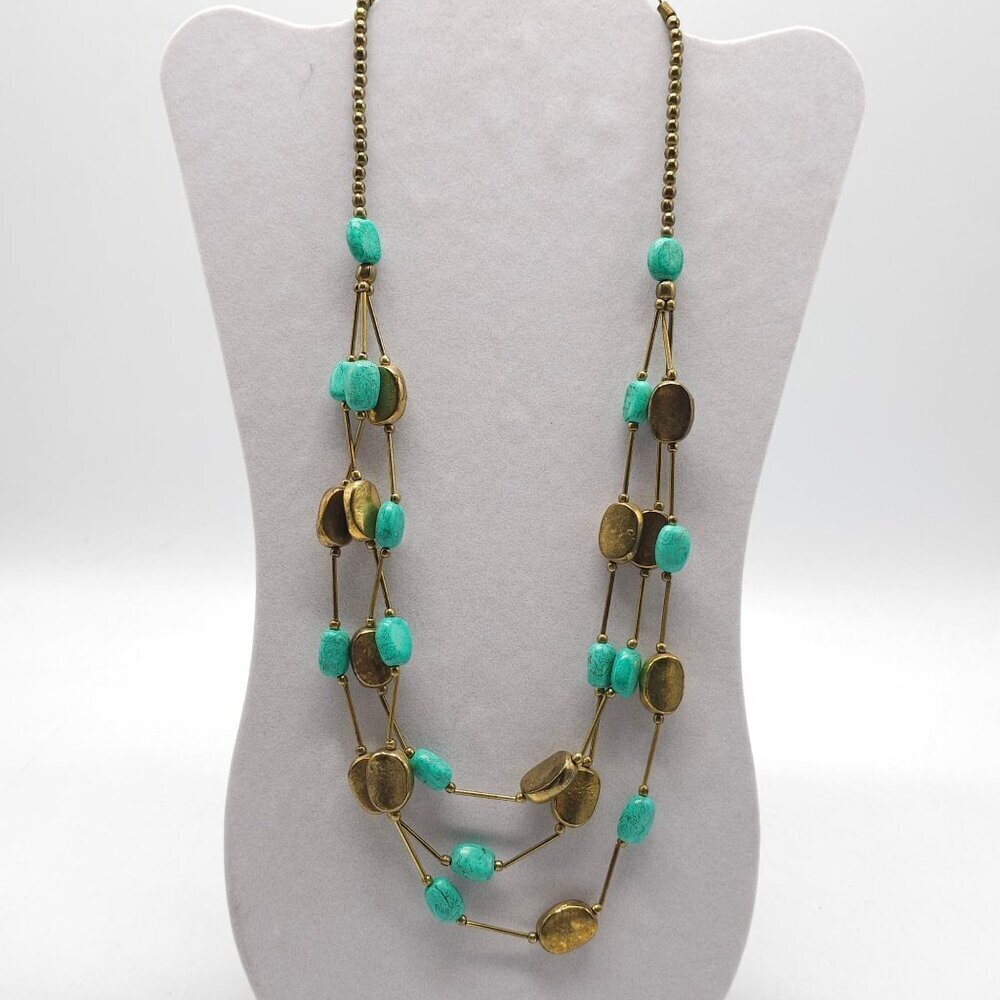 Vintage Multi-Strand Brass Turquoise Bead Necklace With Lobster Clasp Closure 25